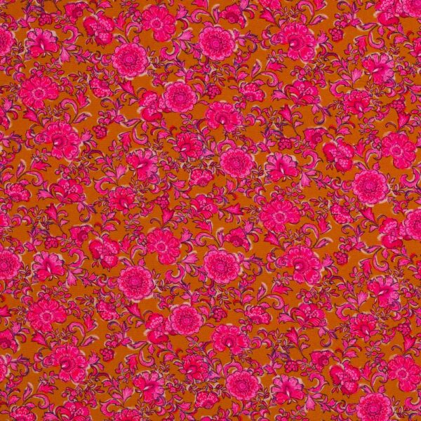 Viskospoplin Virvelblomma cerise/guldbrun fg 4